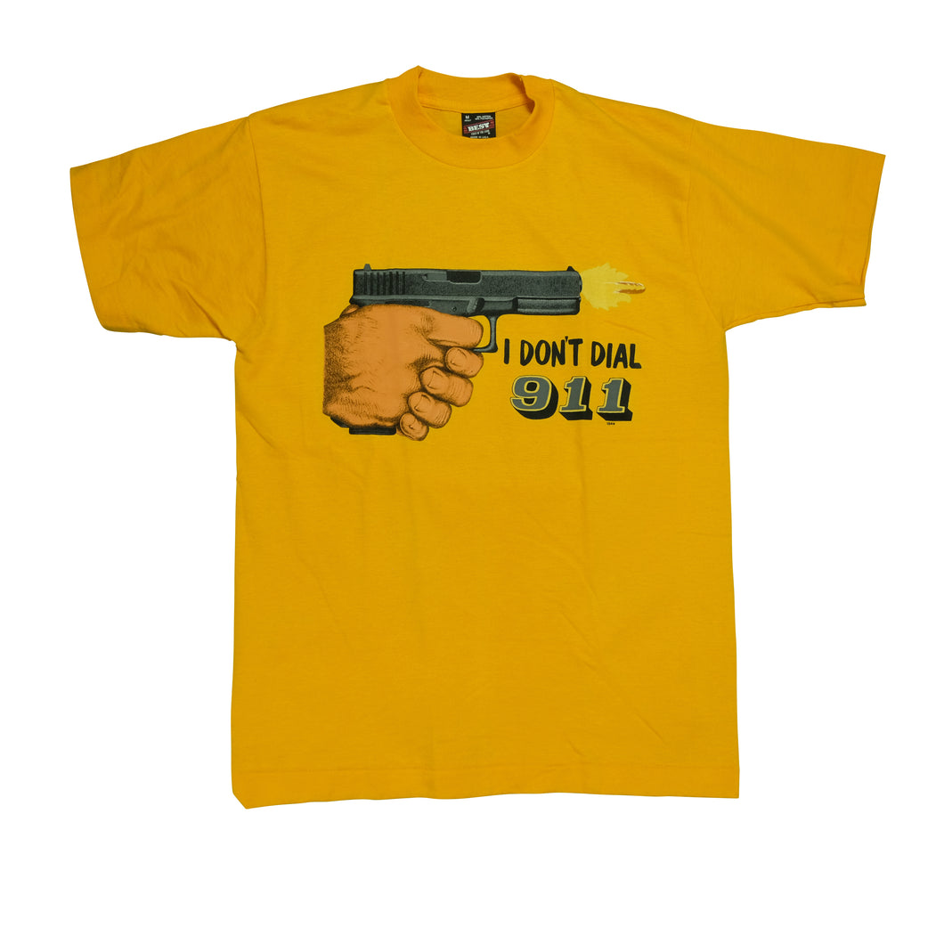 Vintage SCREEN STARS I Don't Dial 911 Gun T Shirt 90s Yellow M
