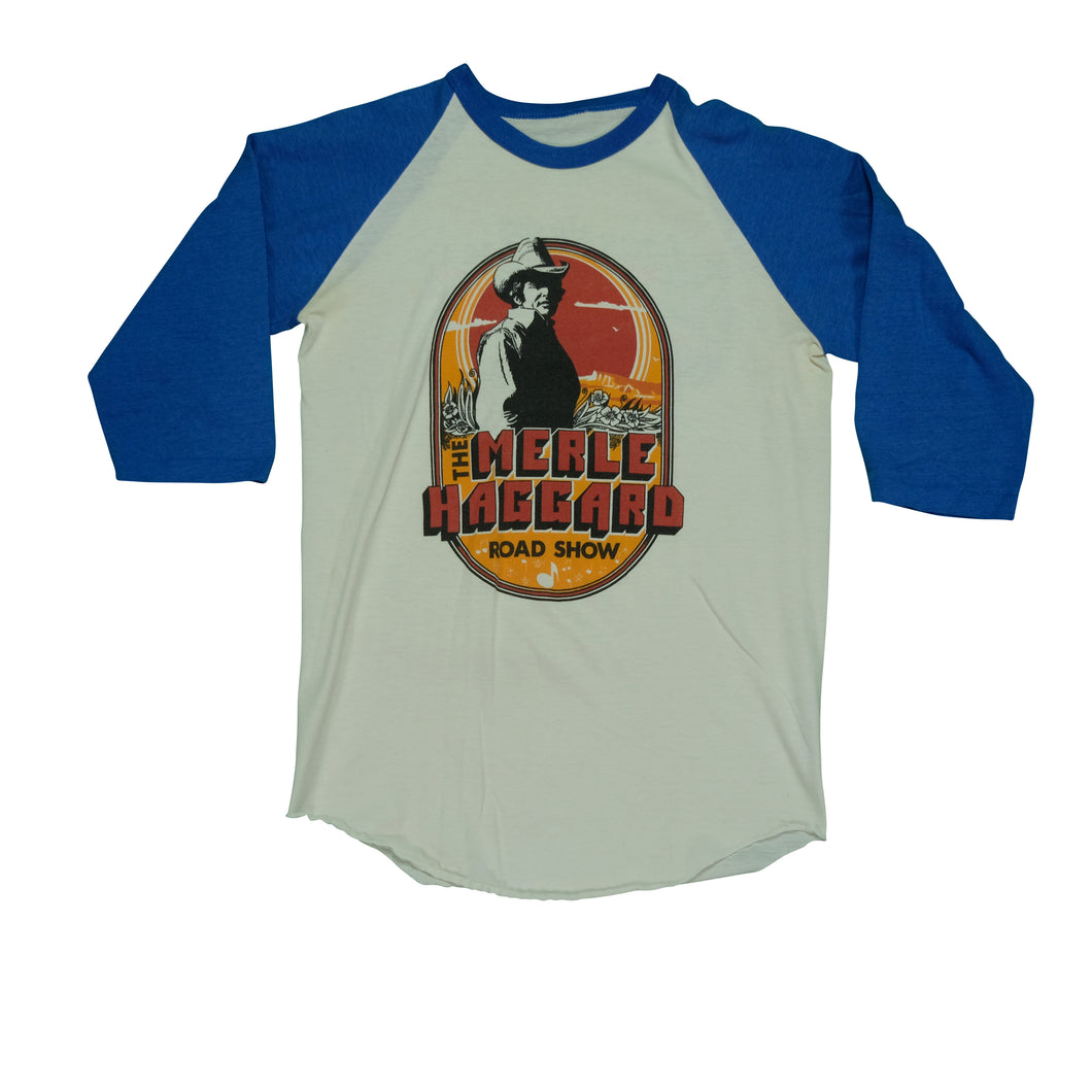 Vintage The Merle Haggard Road Show America's Music Tour Raglan T Shirt 80s White Blue