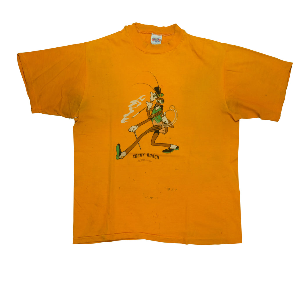 Vintage CRAZY SHIRTS Cocky Roach 1976 T Shirt 70s Orange L