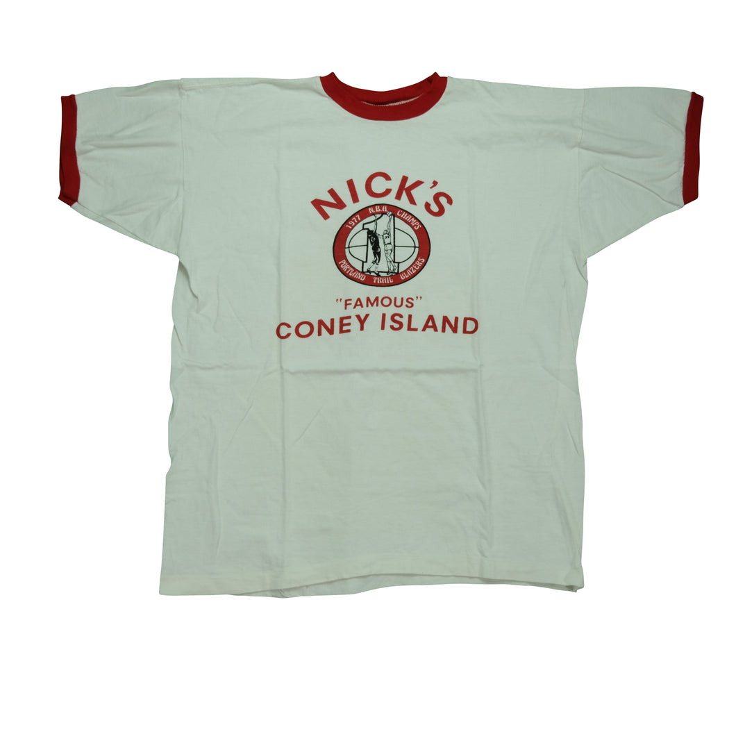 Vintage CHAMPION Portland Trail Blazers NBA Champions Nick's Coney Island 1977 Ringer T Shirt 70s White Red XL
