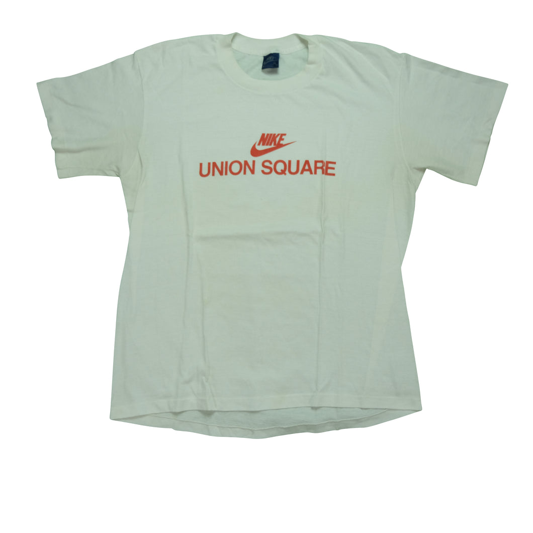 Vintage NIKE Union Square Spell Out Swoosh T Shirt 80s White XL