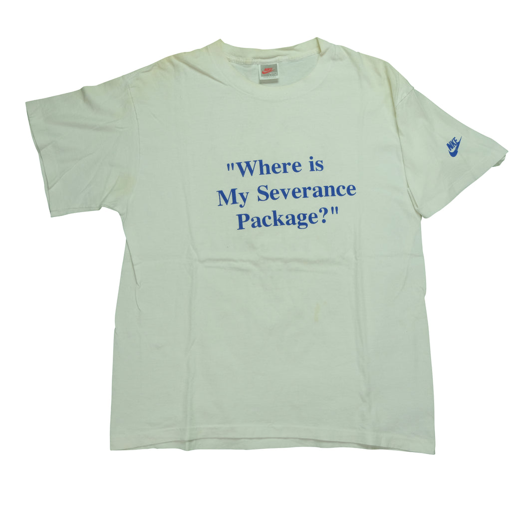 Vintage NIKE Memphis 'Where is My Severance Package?' Spell Out Swoosh T Shirt 80s 90s White L
