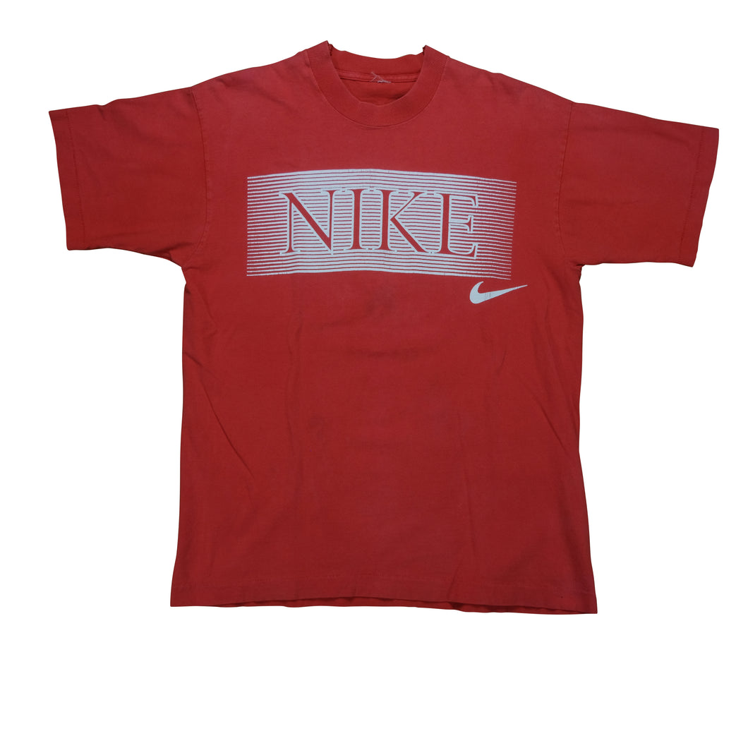 Vintage NIKE Spell Out Swoosh Barcode Graphic T Shirt 80s 90s Red