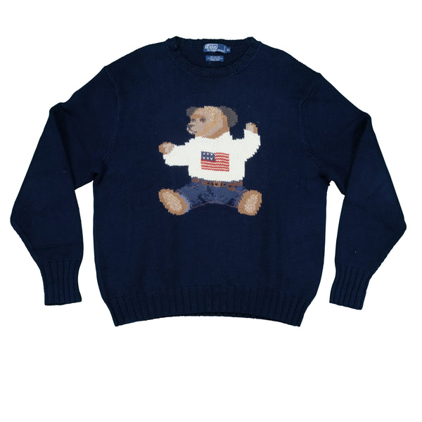 Vintage POLO RALPH LAUREN USA Flag Sitting Bear Hand Knit Sweater 90s Navy Blue XL