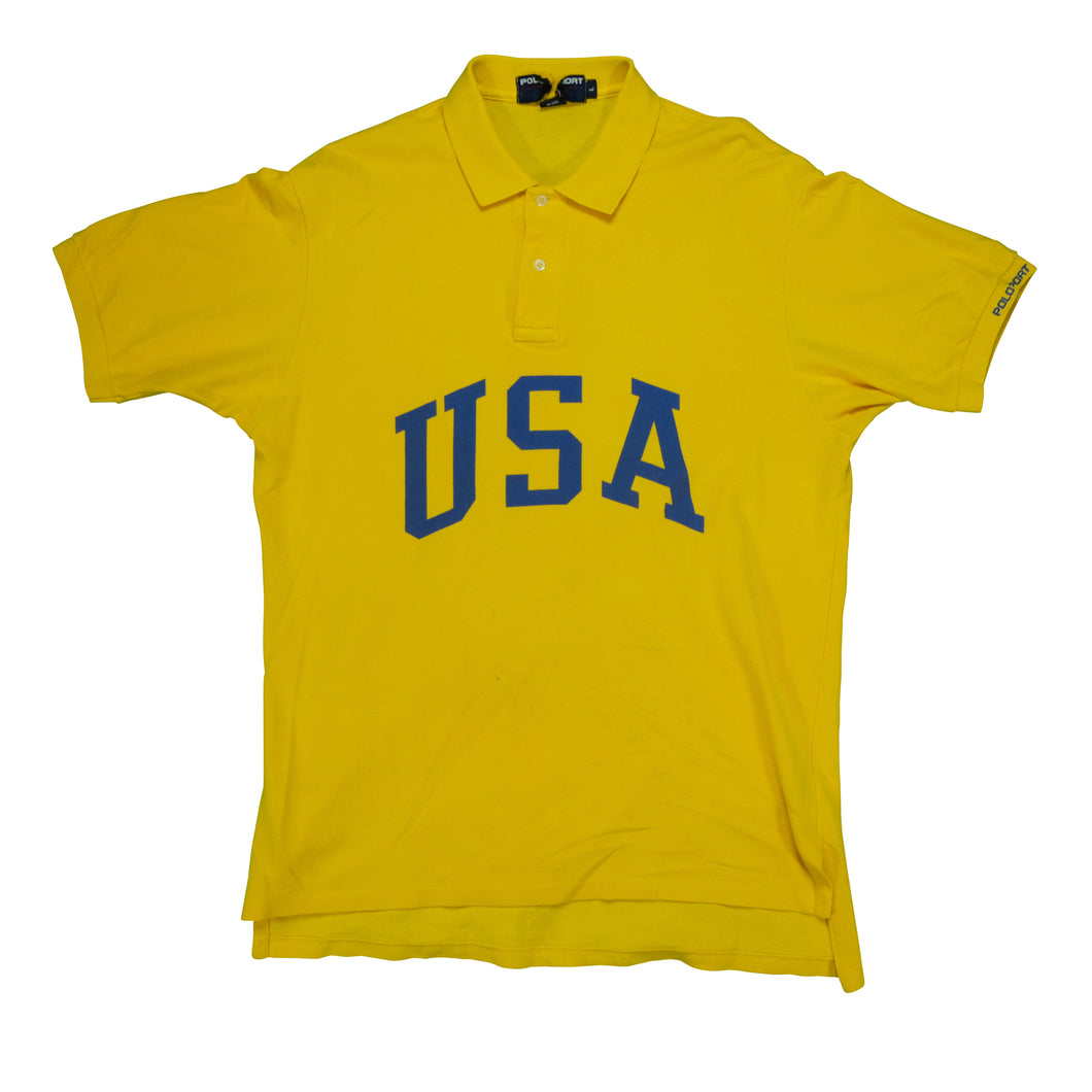 Vintage POLO SPORT Ralph Lauren USA Spell Out Polo Shirt 90s Yellow L