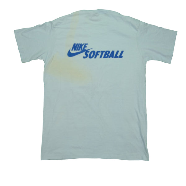 Vintage NIKE Softball Cleat Shoe Over The Shoulder Spell Out Swoosh T Shirt 80s Blue L