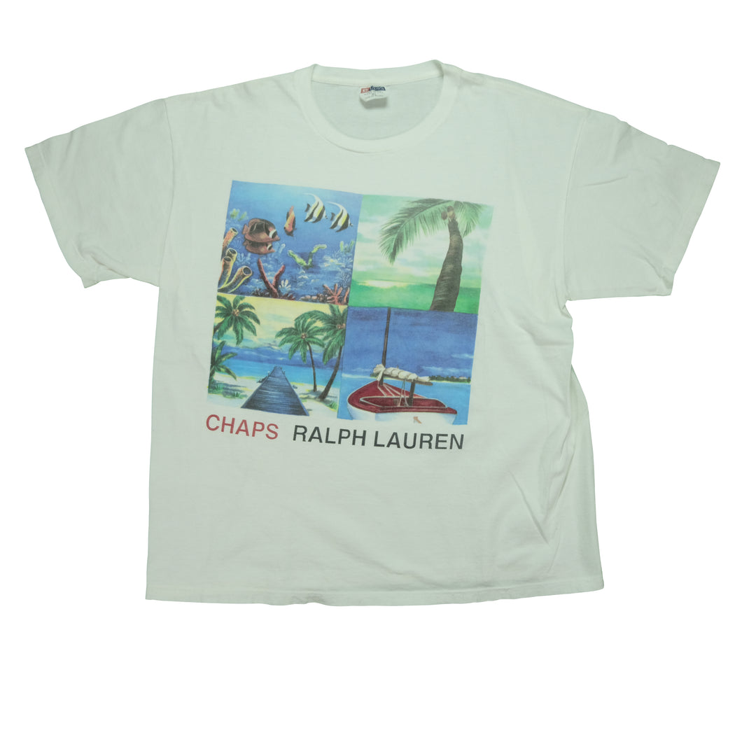 Vintage CHAPS RALPH LAUREN Beach Outdoors Spell Out Graphic T Shirt 90s White XL
