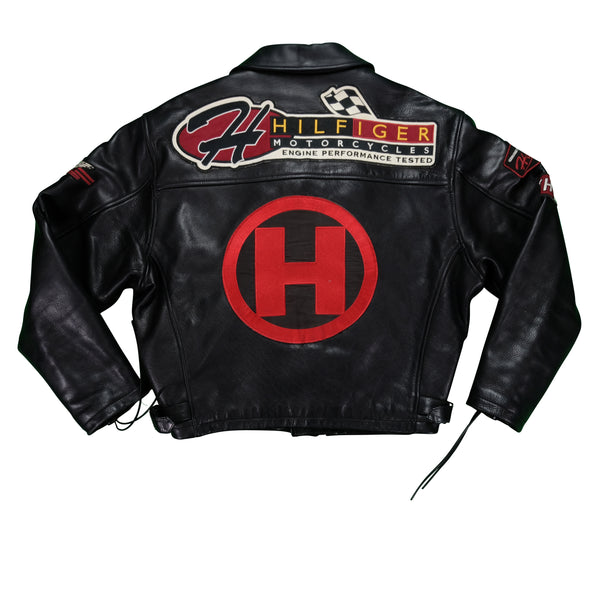 Vintage TOMMY HILFIGER Motorcycles Racing Spell Out Patches Leather Jacket 90s Biker Black M
