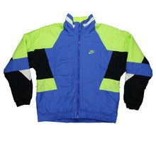 Load image into Gallery viewer, Vintage NIKE Spell Out Swoosh Color Block Striped Full Zip Windbreaker Jacket 90s Blue Neon Green XL
