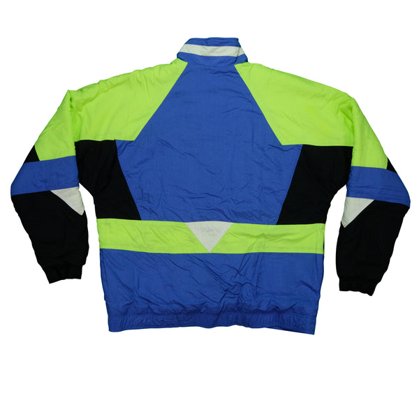 Vintage NIKE Spell Out Swoosh Color Block Striped Full Zip Windbreaker Jacket 90s Blue Neon Green XL
