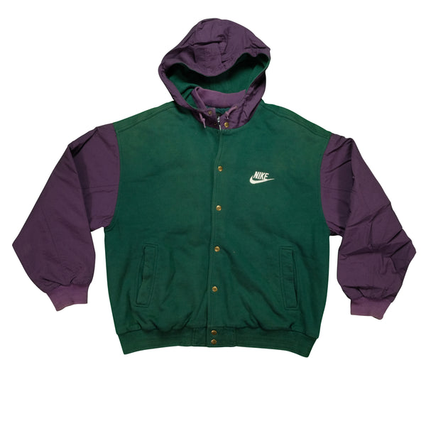 Vintage NIKE Air Spell Out Swoosh Hooded Varsity Jacket 90s Green Purple XL