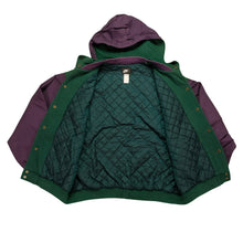 Load image into Gallery viewer, Vintage NIKE Air Spell Out Swoosh Hooded Varsity Jacket 90s Green Purple XL

