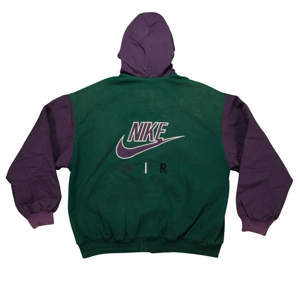 Vintage NIKE Air Spell Out Swoosh Hooded Varsity Jacket 90s Green Purple XL