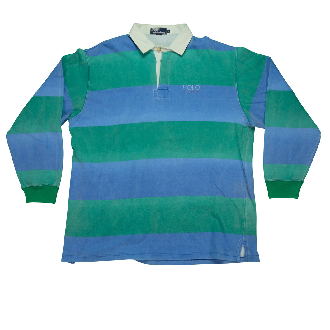 Vintage POLO RALPH LAUREN Polo Sport Spell Out Striped Long Sleeve Rugby Shirt 90s Green Blue XL