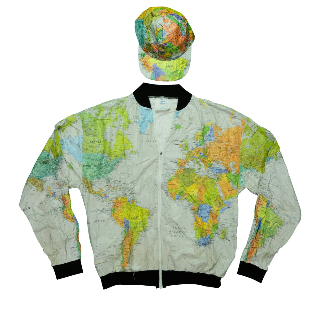 Vintage WEARIN THE WORLD World Map Geographic All Over Print Jacket and Snapback Hat 90s Kurt Cobain White XL