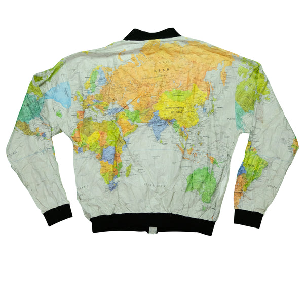 Vintage WEARIN THE WORLD World Map Geographic All Over Print Jacket and Snapback Hat 90s Kurt Cobain White XL