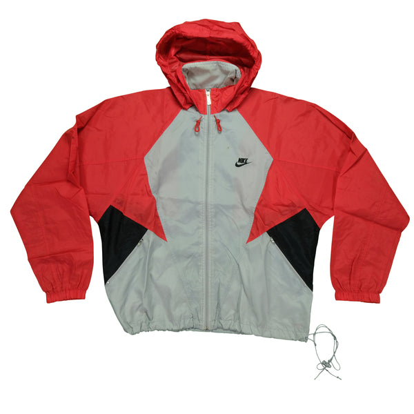 Vintage NIKE Spell Out Swoosh Color Block Full Zip Windbreaker Jacket 80s 90s Gray Red Black L