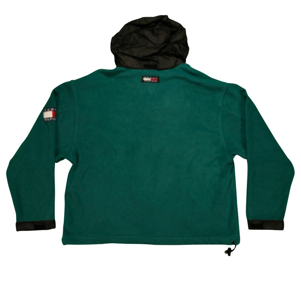 Vintage TOMMY HILFIGER Spell Out Flag Striped Pullover Fleece Jacket 90s Green Black 2XL
