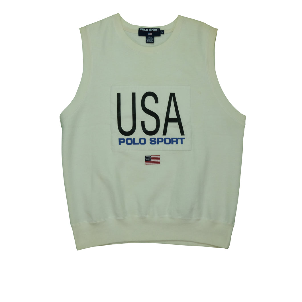 Vintage POLO SPORT Ralph Lauren Spell Out USA Flag Sweatshirt Vest 90s White L