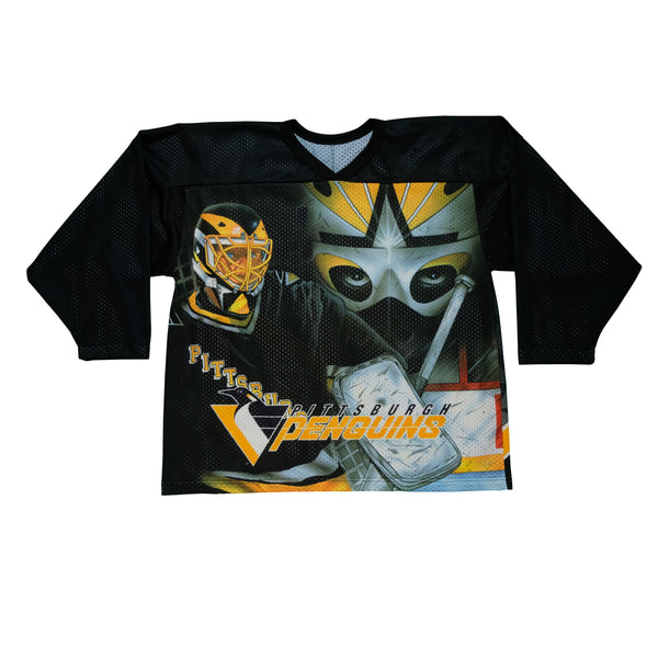Vintage CCM Pittsburgh Penguins Goalie Mask All Over Print Hockey Jersey 90s Black