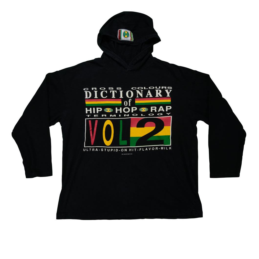 Vintage CROSS COLOURS Dictionary of Hip Hop Rap Terminology Vol 2 Spell Out Hoodie Sweatshirt 90s Black OSFA