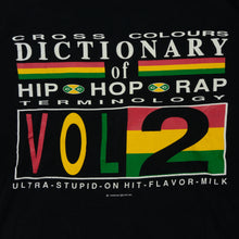 Load image into Gallery viewer, Vintage CROSS COLOURS Dictionary of Hip Hop Rap Terminology Vol 2 Spell Out Hoodie Sweatshirt 90s Black OSFA

