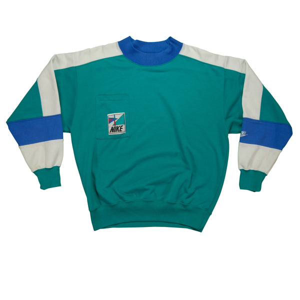 Vintage NIKE Spell Out Color Block Pocket Striped Sweatshirt 80s 90s Teal M
