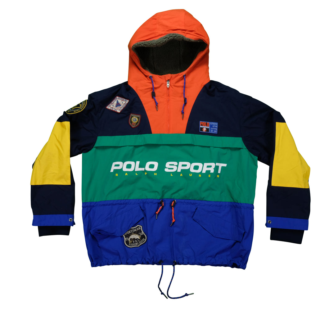 Vintage POLO SPORT Ralph Lauren PRL Fishing Guide Patches Spell Out Color Block Hooded Jacket XL