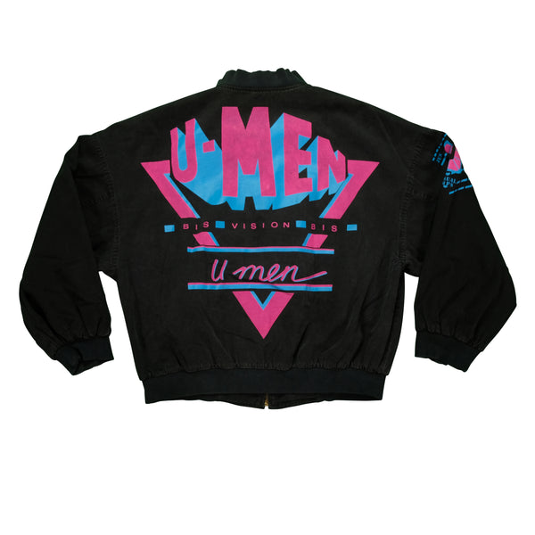Vintage U-MEN Spell Out Neon Graphic 1986 Full Zip Black Bomber Jacket 80s Black