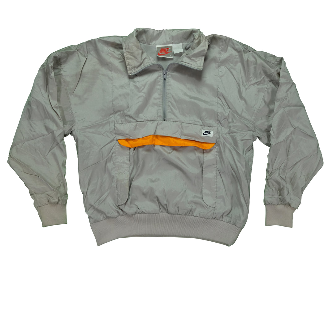 Vintage NIKE Spell Out Swoosh Box Logo 1/2 Zip Windbreaker Jacket 80s 90s Silver Orange M
