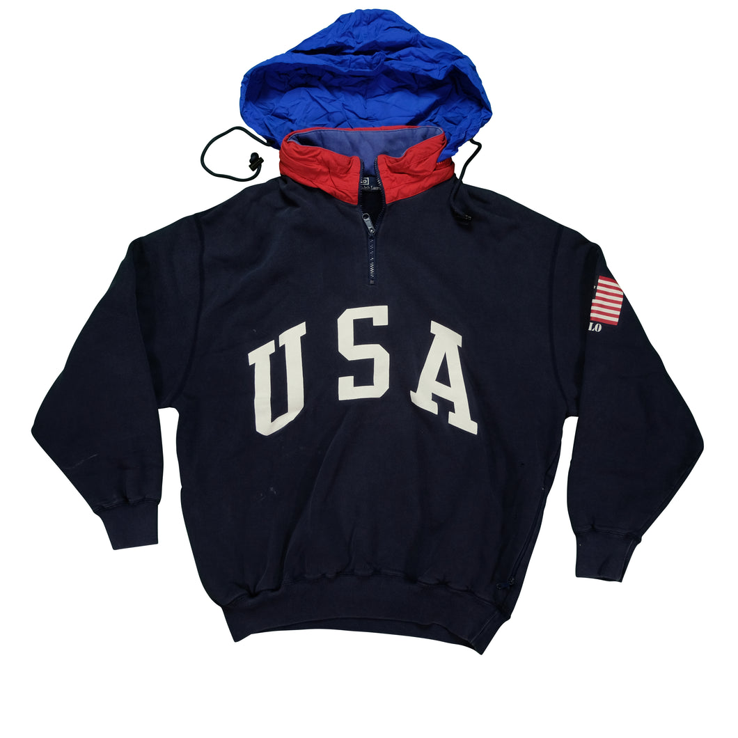Vintage POLO RALPH LAUREN Spell Out USA Flag Packable Hooded Sweatshirt 90s Navy Blue M