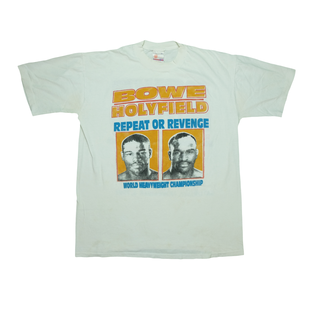 Vintage Evander Holyfield vs Riddick Bowe Repeat or Revenge 1993 Boxing Match T Shirt 90s White XL