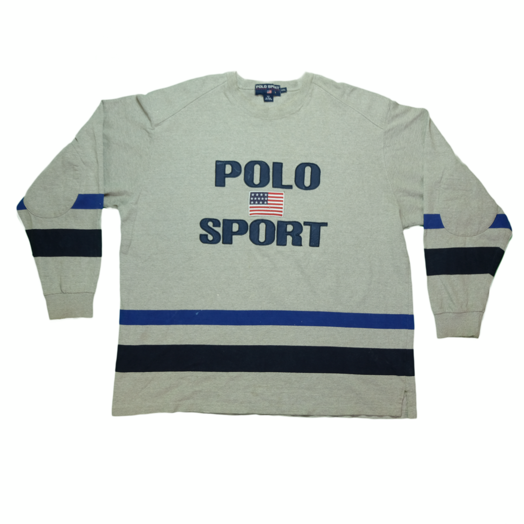 Vintage POLO SPORT Ralph Lauren USA Flag Spell Out Long Sleeve T Shirt 90s Gray 2XL