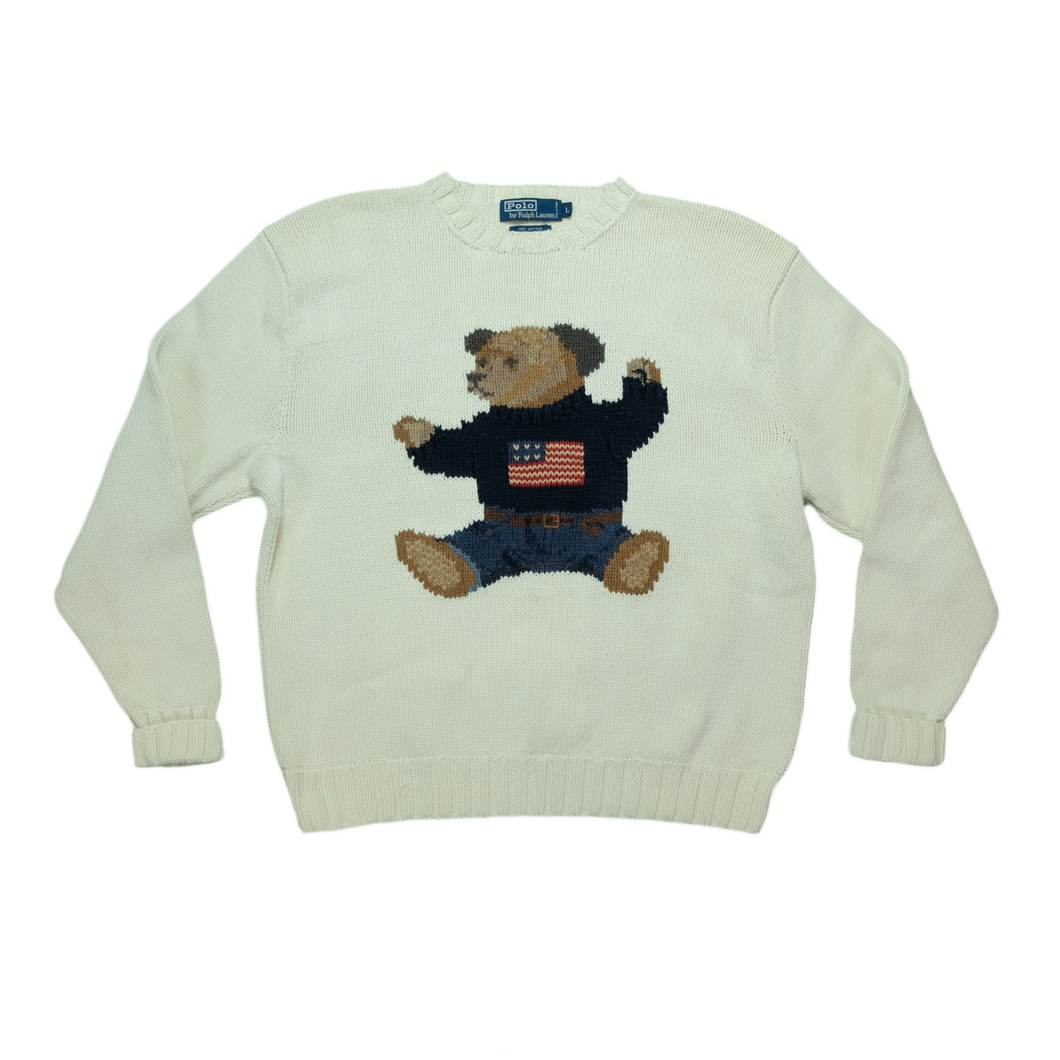 Vintage POLO RALPH LAUREN USA Flag Sitting Bear Hand Knit Sweater 90s White L