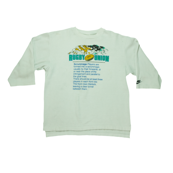 Vintage NIKE Rugby Union Scrummage Spell Out Swoosh Raglan T Shirt 90s White XL