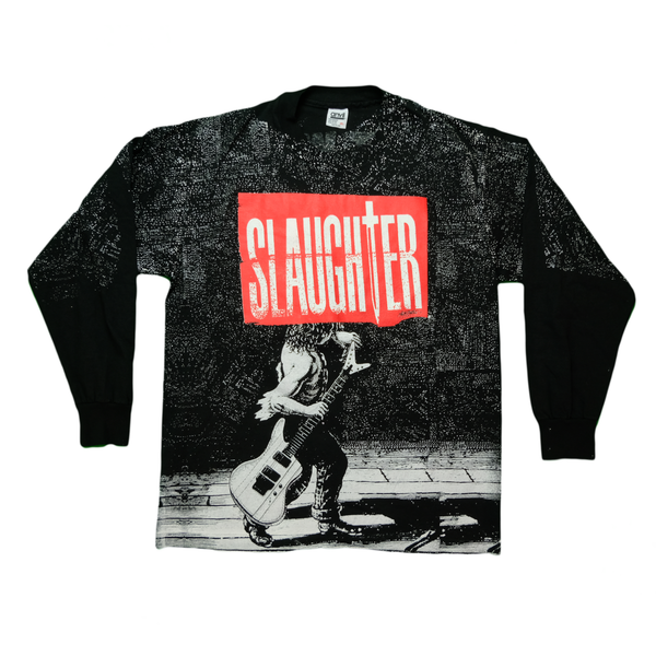 Vintage ANVIL Slaughter Up All Night Tour All Over Print Long Sleeve T Shirt 90s Black XL