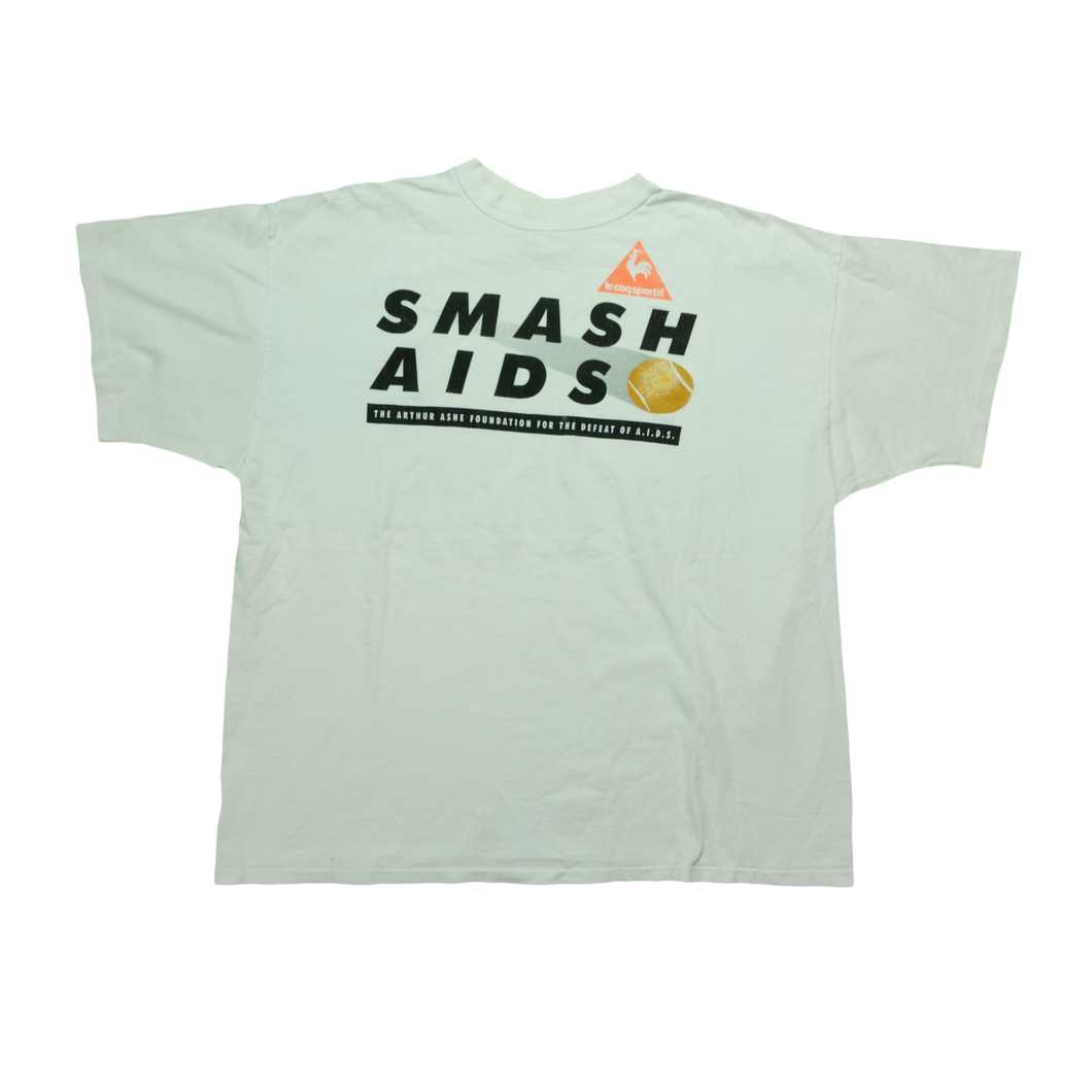 Vintage LE COQ SPORTIF Arthur Ashe Foundation Smash AIDS Tennis T Shirt 90s White XL