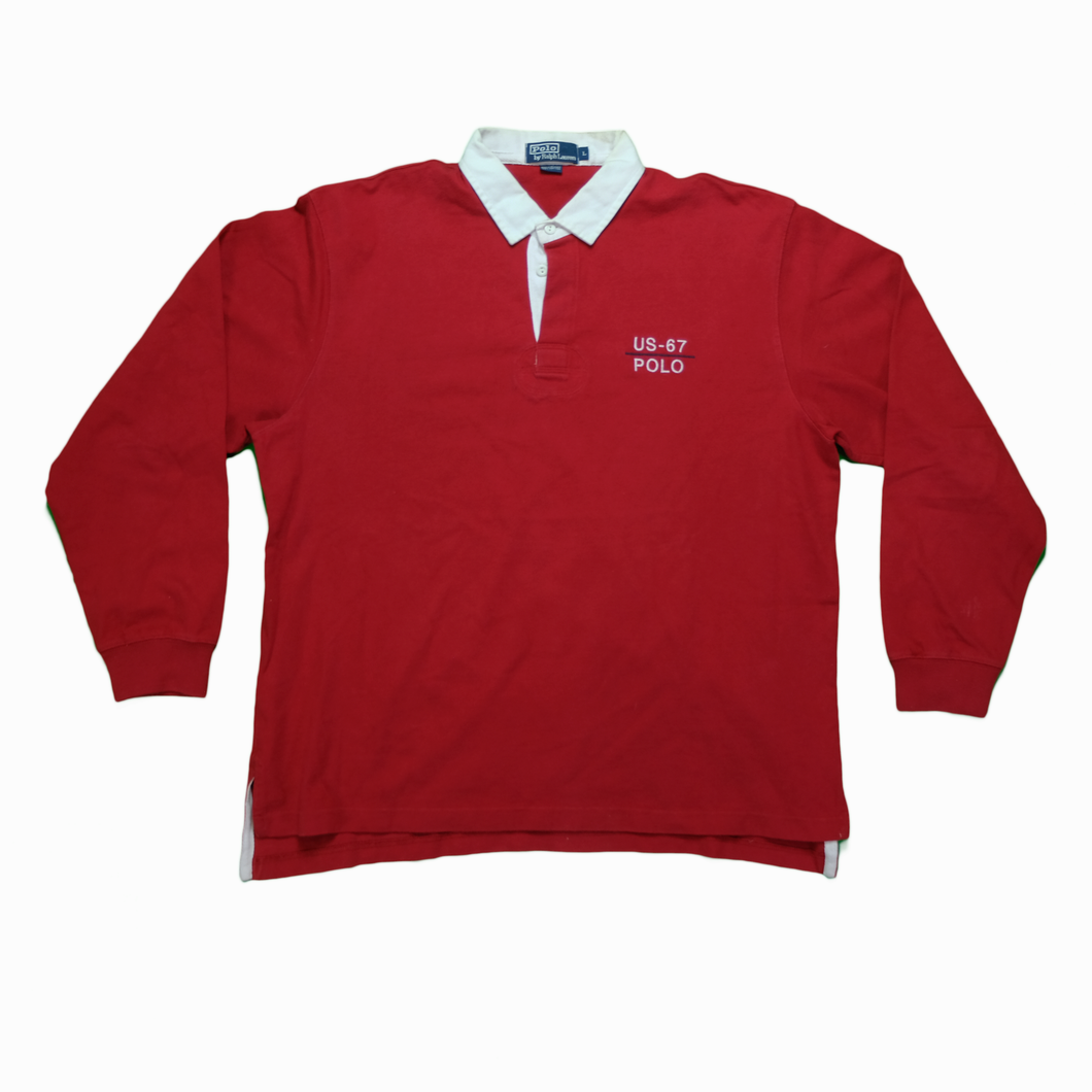 Vintage POLO RALPH LAUREN US-67 Spell Out Rugby Shirt 90s Red L